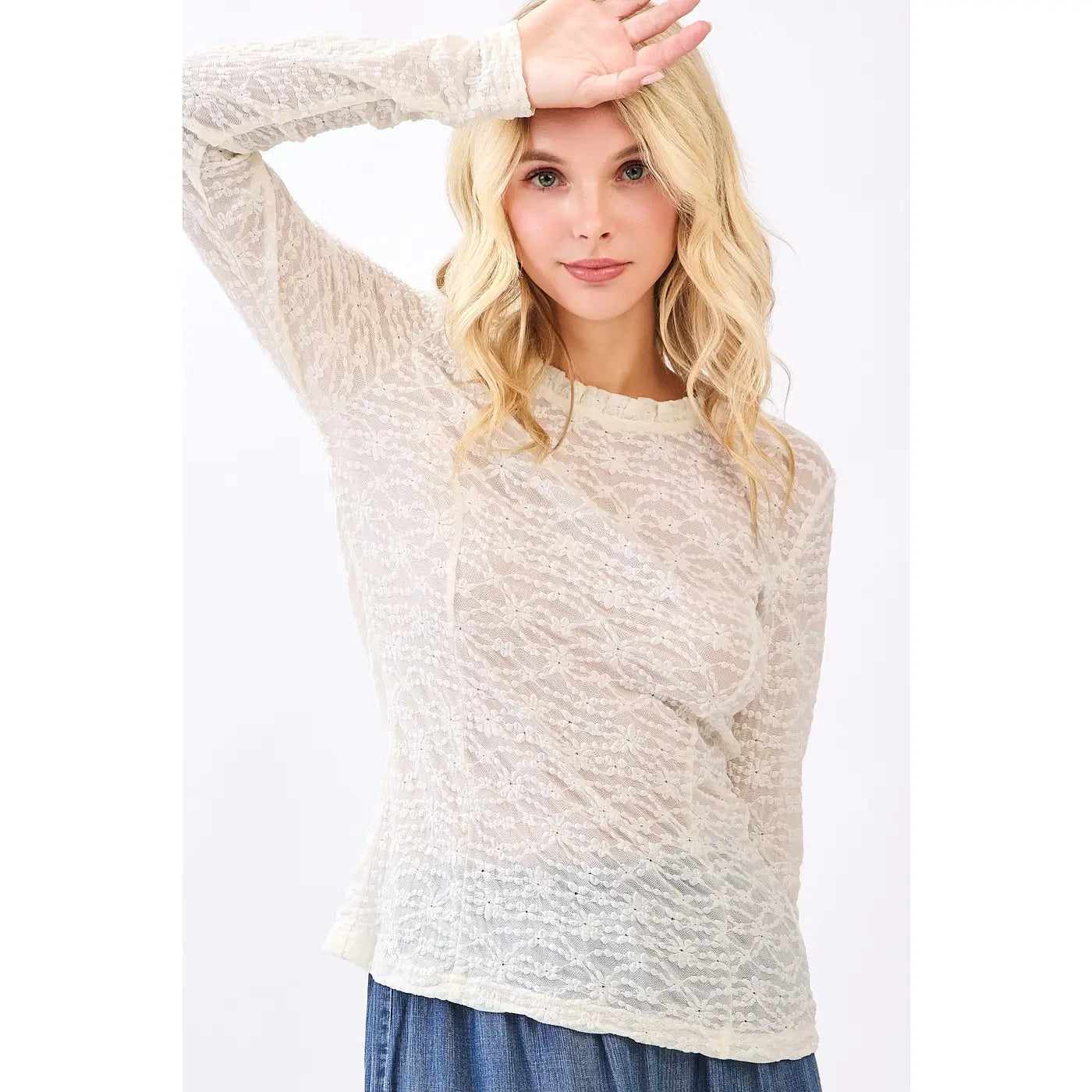 Ivory Lace Long Sleeve Ruffle Neck Layering Top