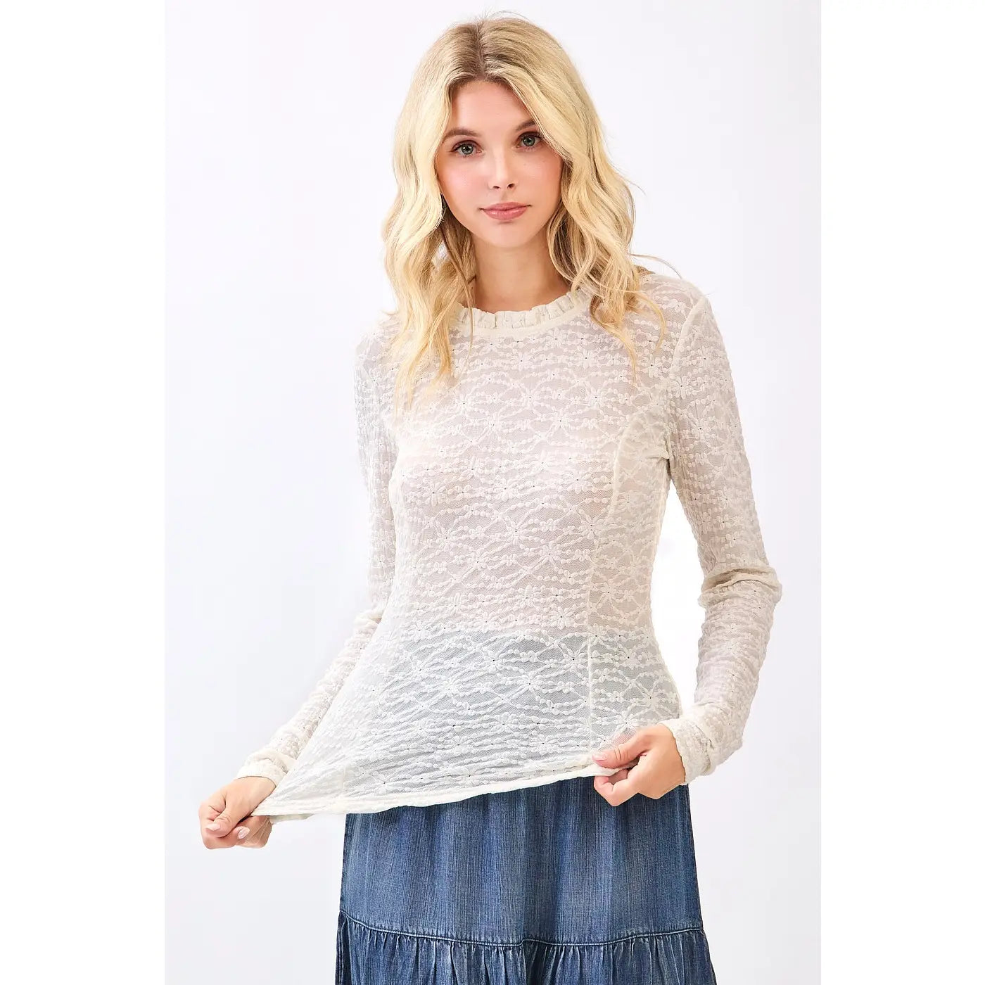 Ivory Lace Long Sleeve Ruffle Neck Layering Top