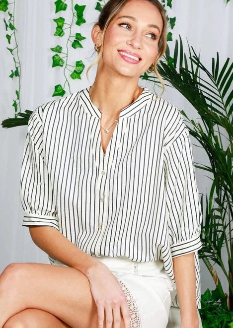 Henley Neckline Striped Printed Blouse Top