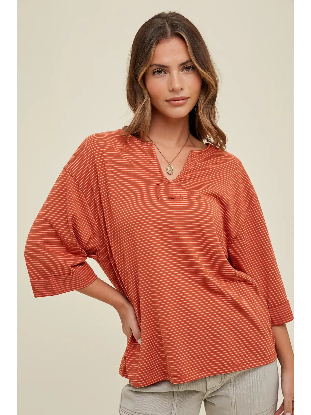 Brick 3/4 Sleeve Striped Knit Top with Cuff Detail