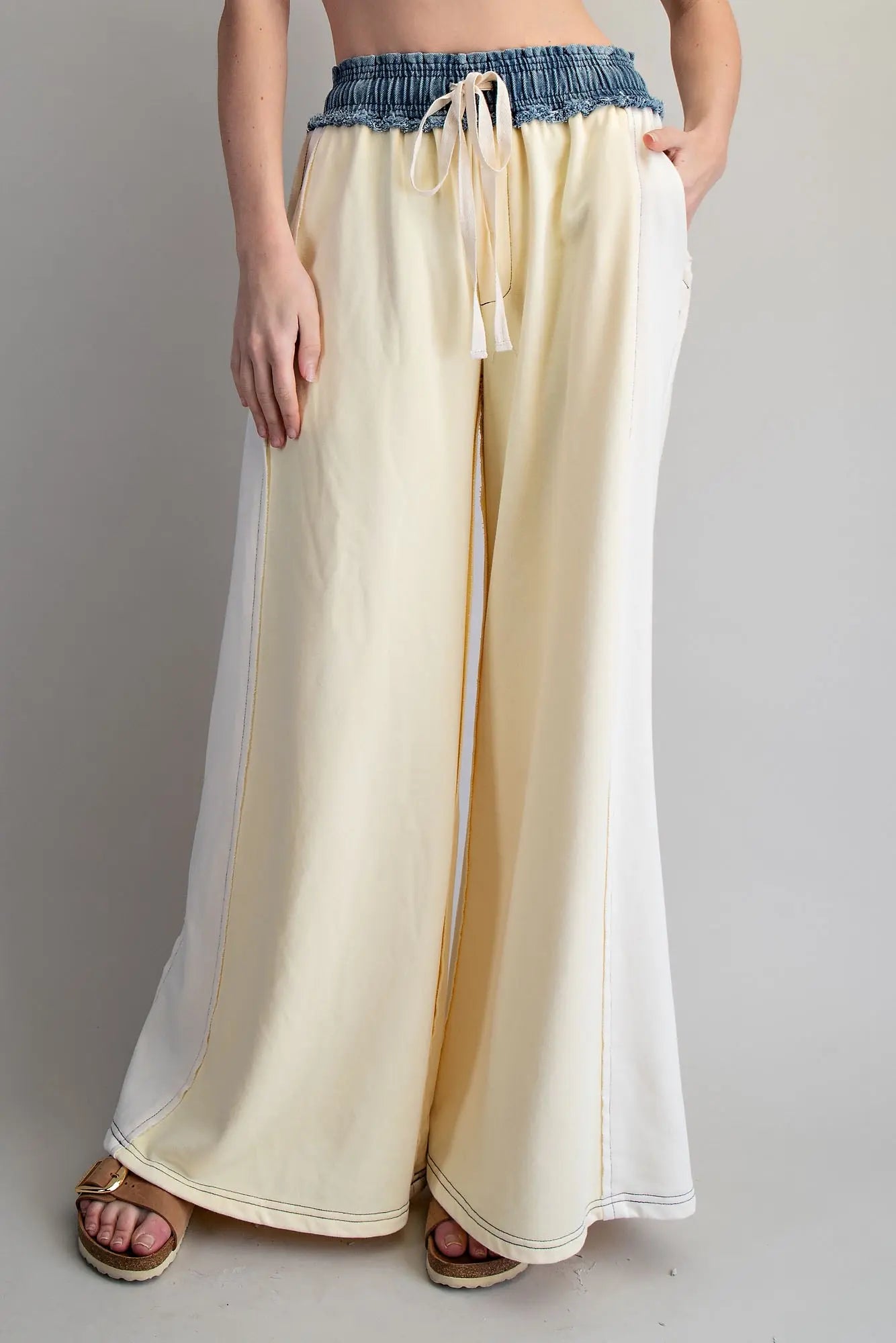 Lemon Color Block Denim Drawstring Pants