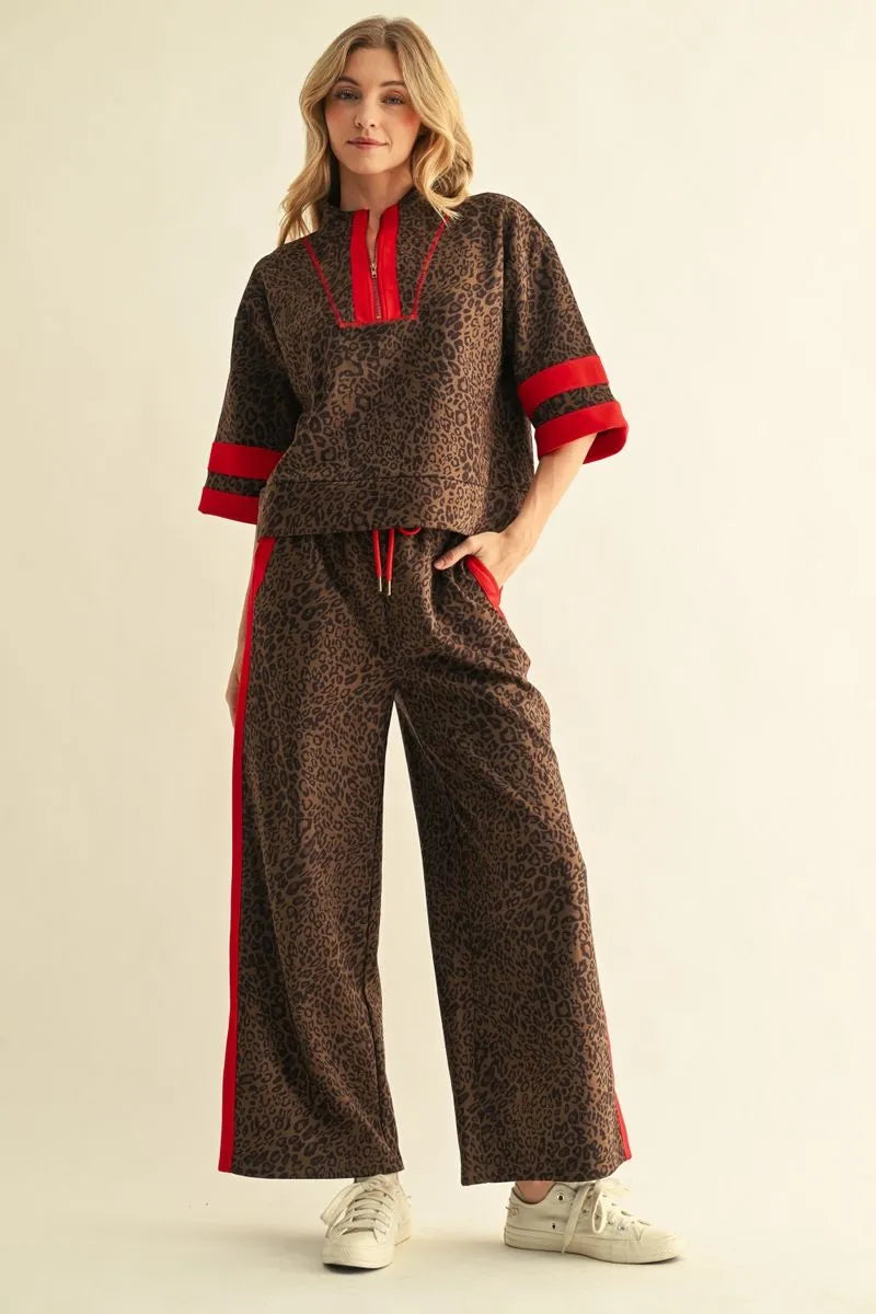 Red and Leopard faux suede pant