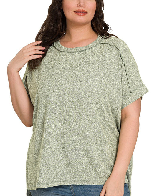 Light Olive Melange Short Sleeve Top - Plus