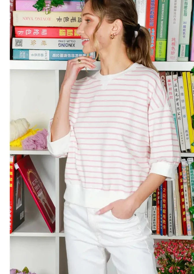 Light Pink Crew Neck 1/2 Sleeve Cotton Striped Sweatshirt Top