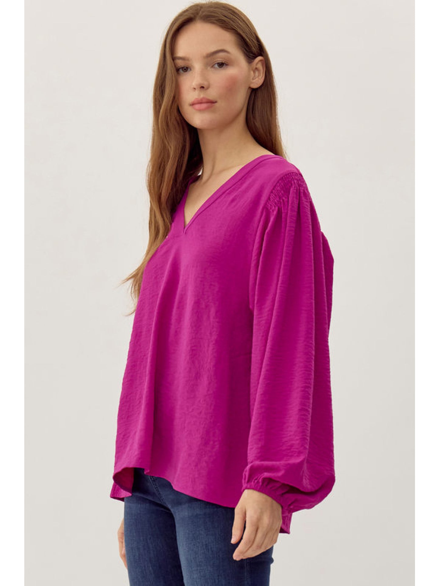 Magenta Long Sleeve V Neck Top