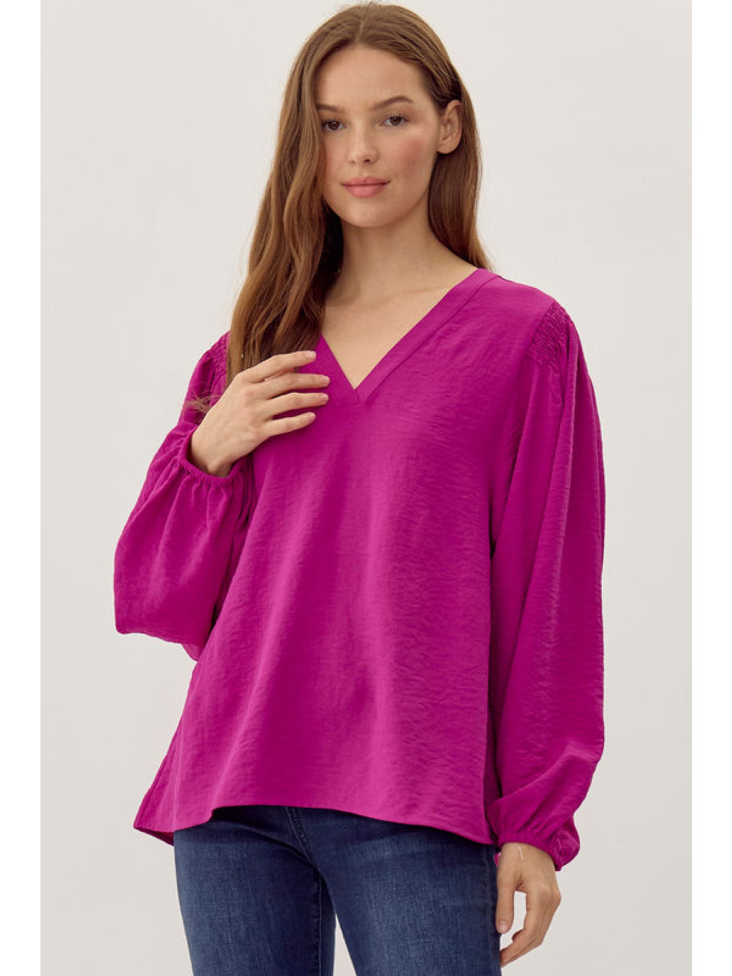 Magenta Long Sleeve V Neck Top