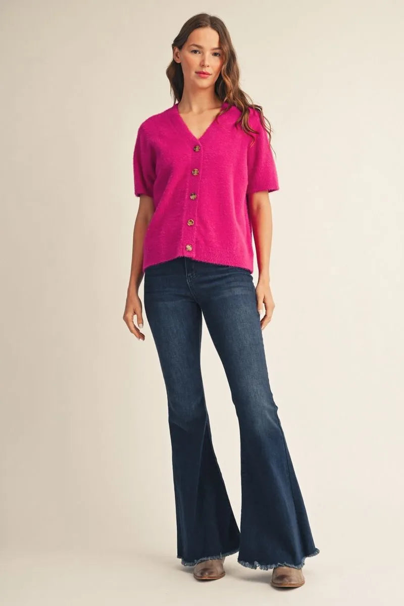 Magenta Short Sleeve Fuzzy Sweater