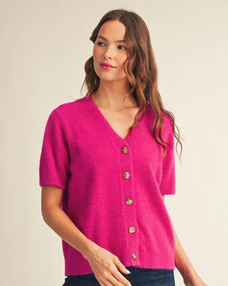 Magenta Short Sleeve Fuzzy Sweater