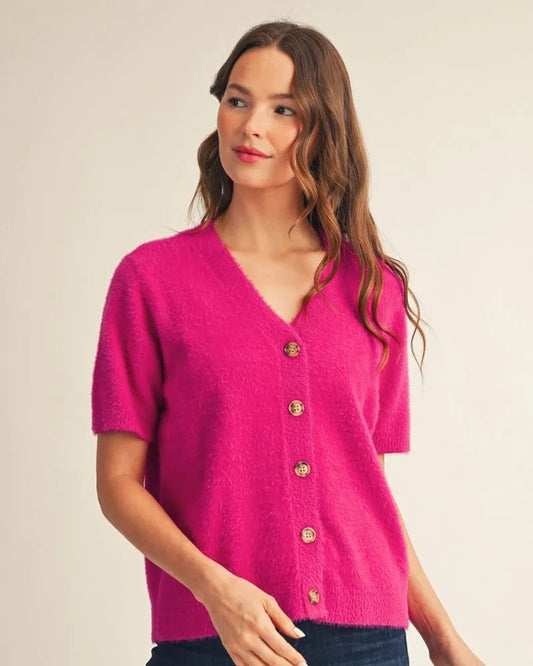 Magenta Short Sleeve Fuzzy Sweater