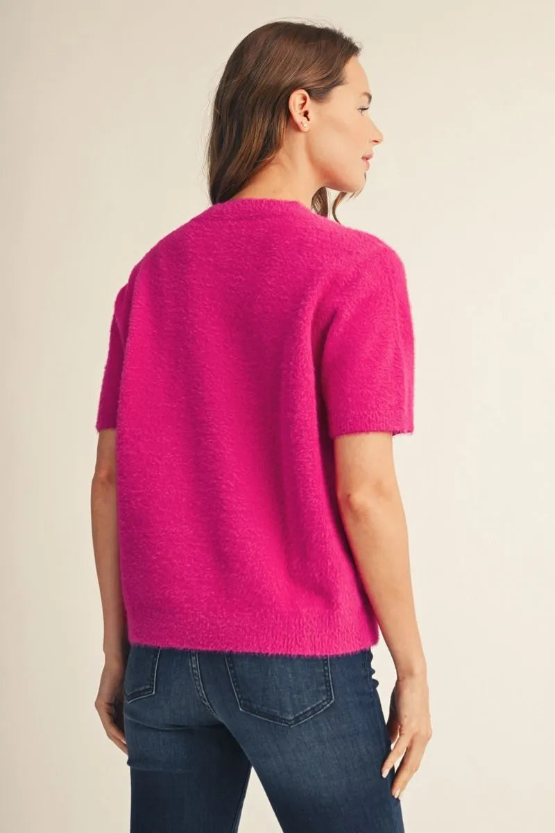 Magenta Short Sleeve Fuzzy Sweater