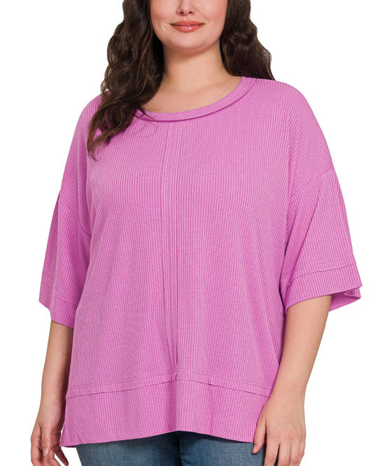 Pink ribbed boat neck top - Plus