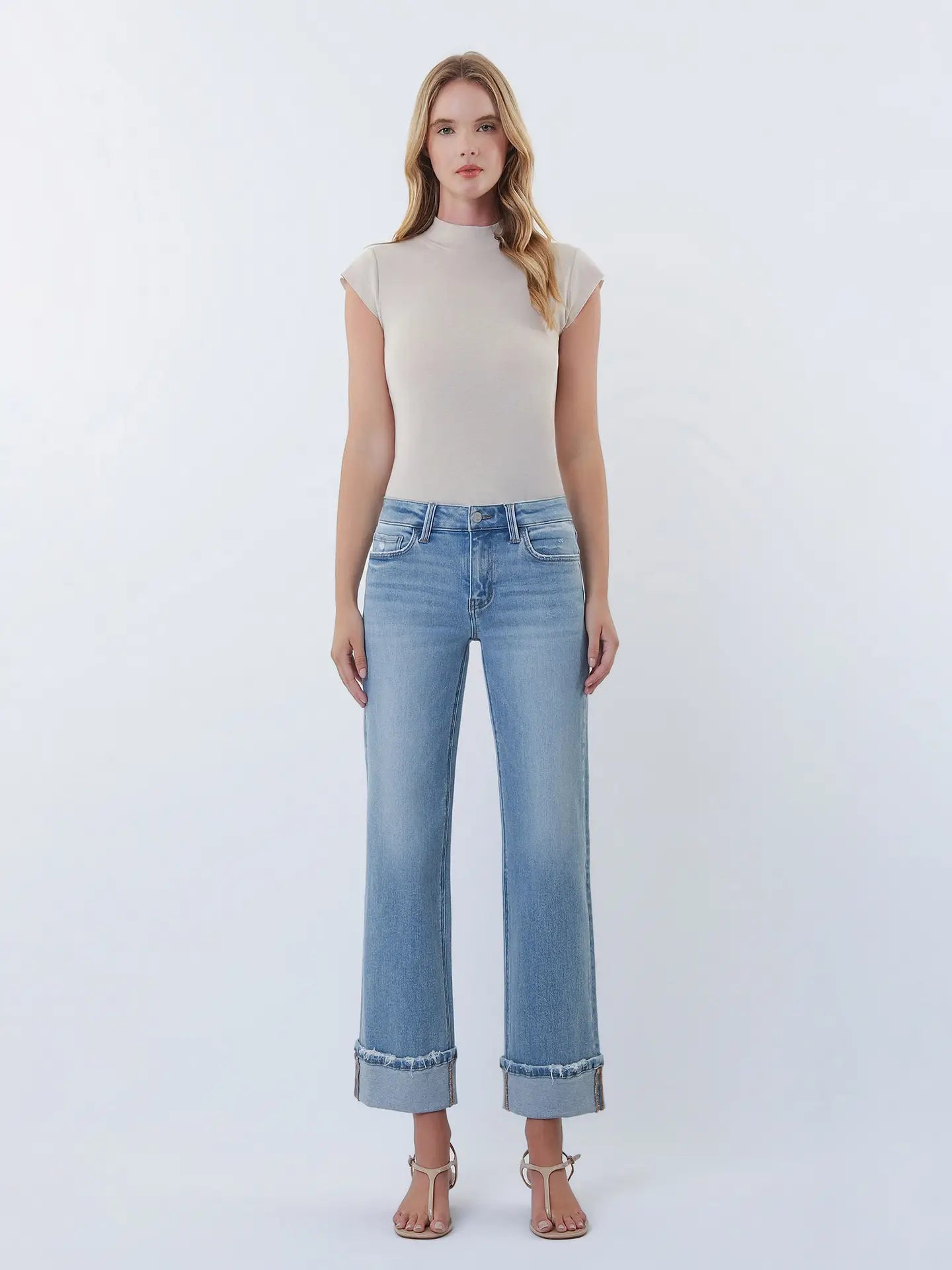 Lovervet Mid Rise Medium Light Cuffed Slim Wide Jeans
