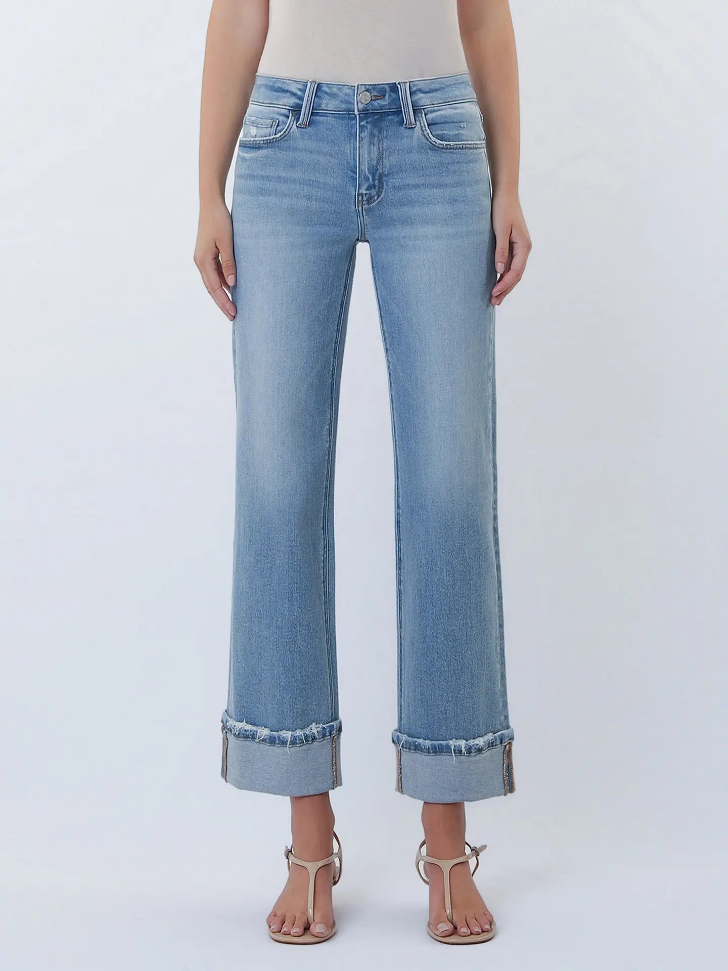 Lovervet Mid Rise Medium Light Cuffed Slim Wide Jeans
