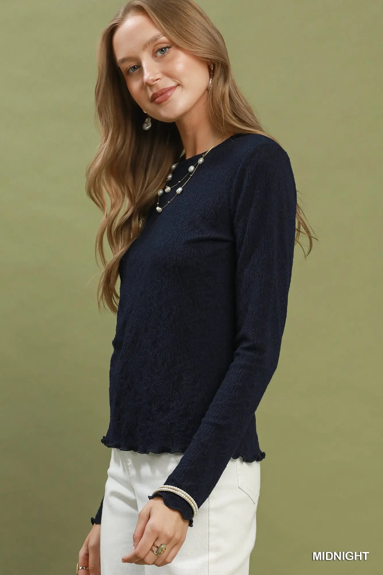Midnight Textured Floral Knit Lettuce Hem Top