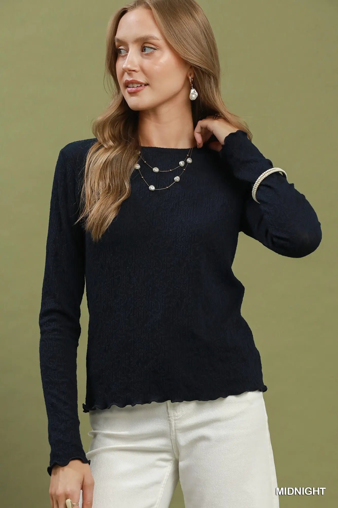Midnight Textured Floral Knit Lettuce Hem Top