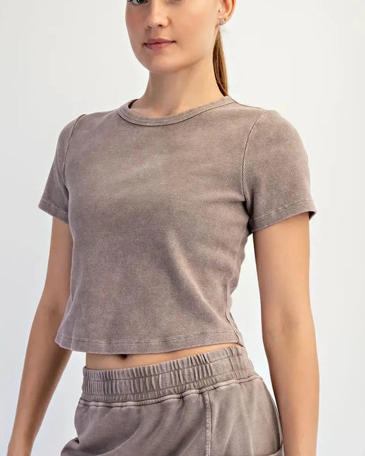 Mocha Mineral Washed Cotton Rib Cropped Tee