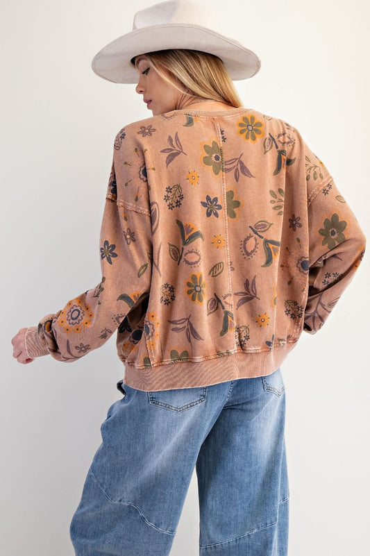 Mocha Floral Print Washed Pullover