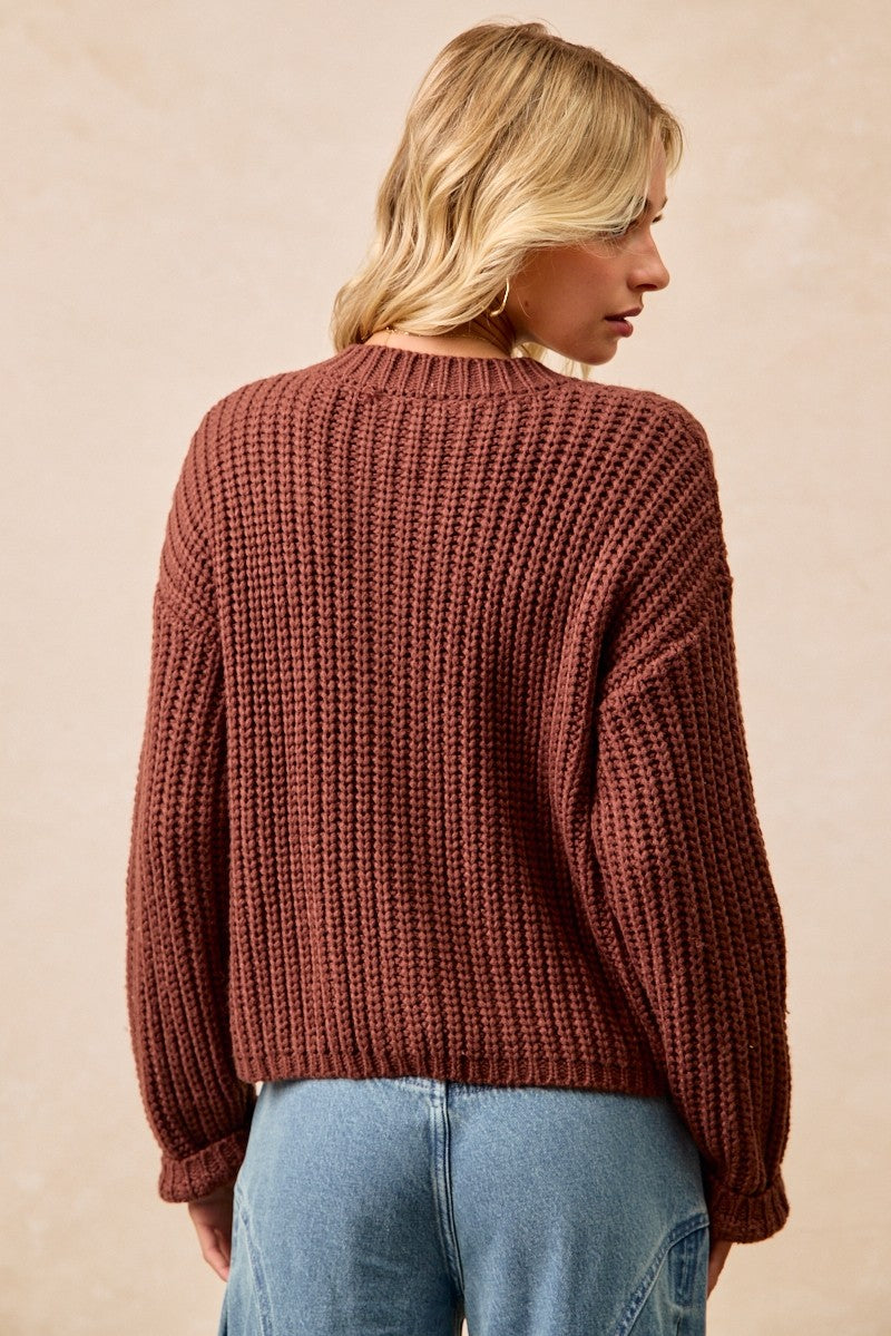 Brown Solid Sweater Cardigan With Front Pocket