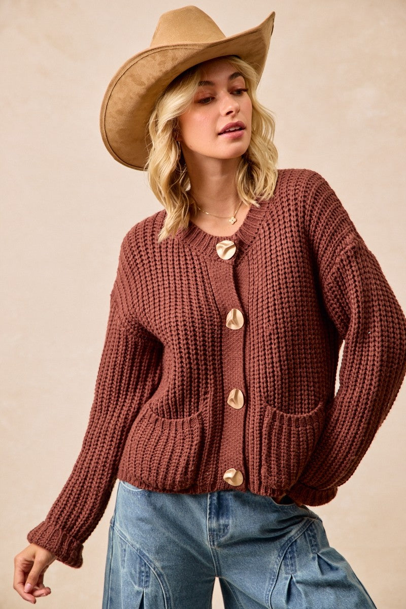 Brown Solid Sweater Cardigan With Front Pocket