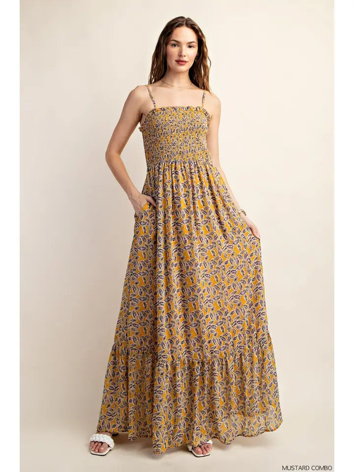 Mustard Chiffon Lined Smocked Top Strappy Maxi Dress