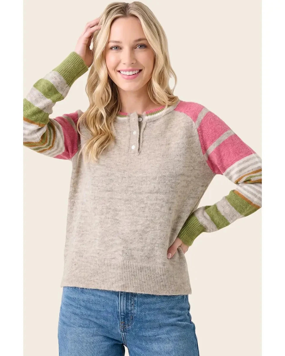Pink Multi Color Striped Sleeve Sweater