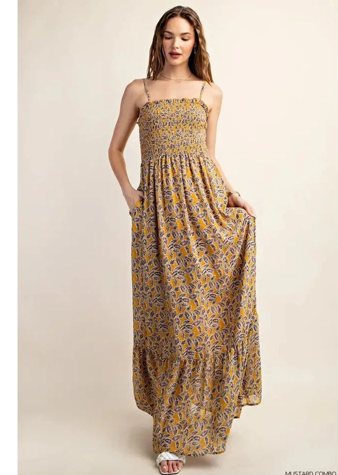 Mustard Chiffon Lined Smocked Top Strappy Maxi Dress