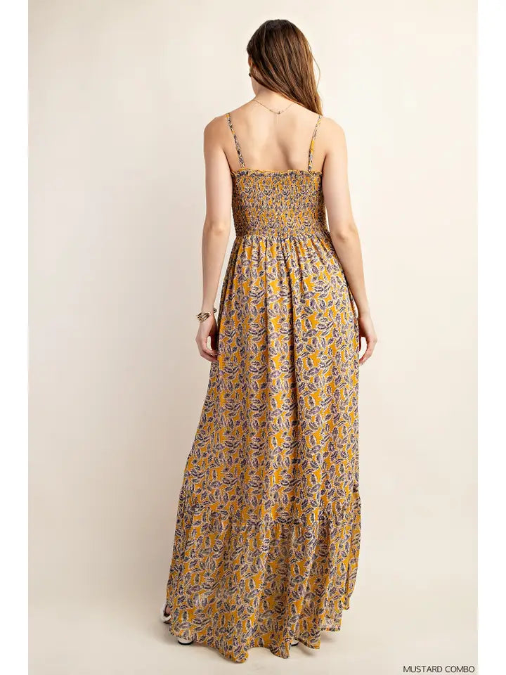 Mustard Chiffon Lined Smocked Top Strappy Maxi Dress