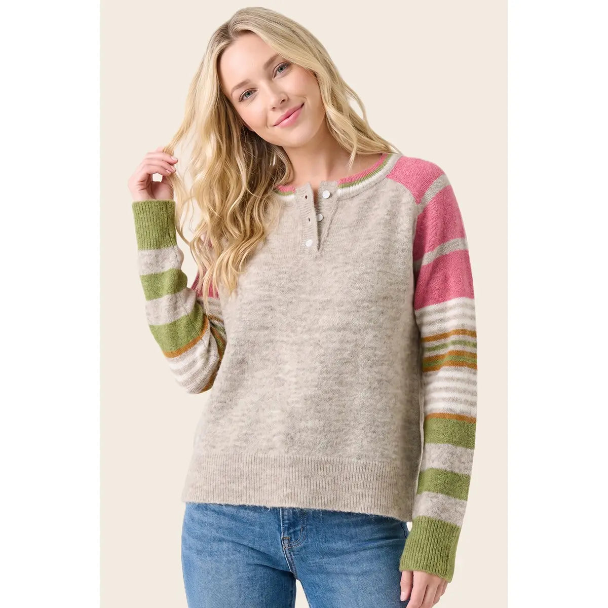 Pink Multi Color Striped Sleeve Sweater