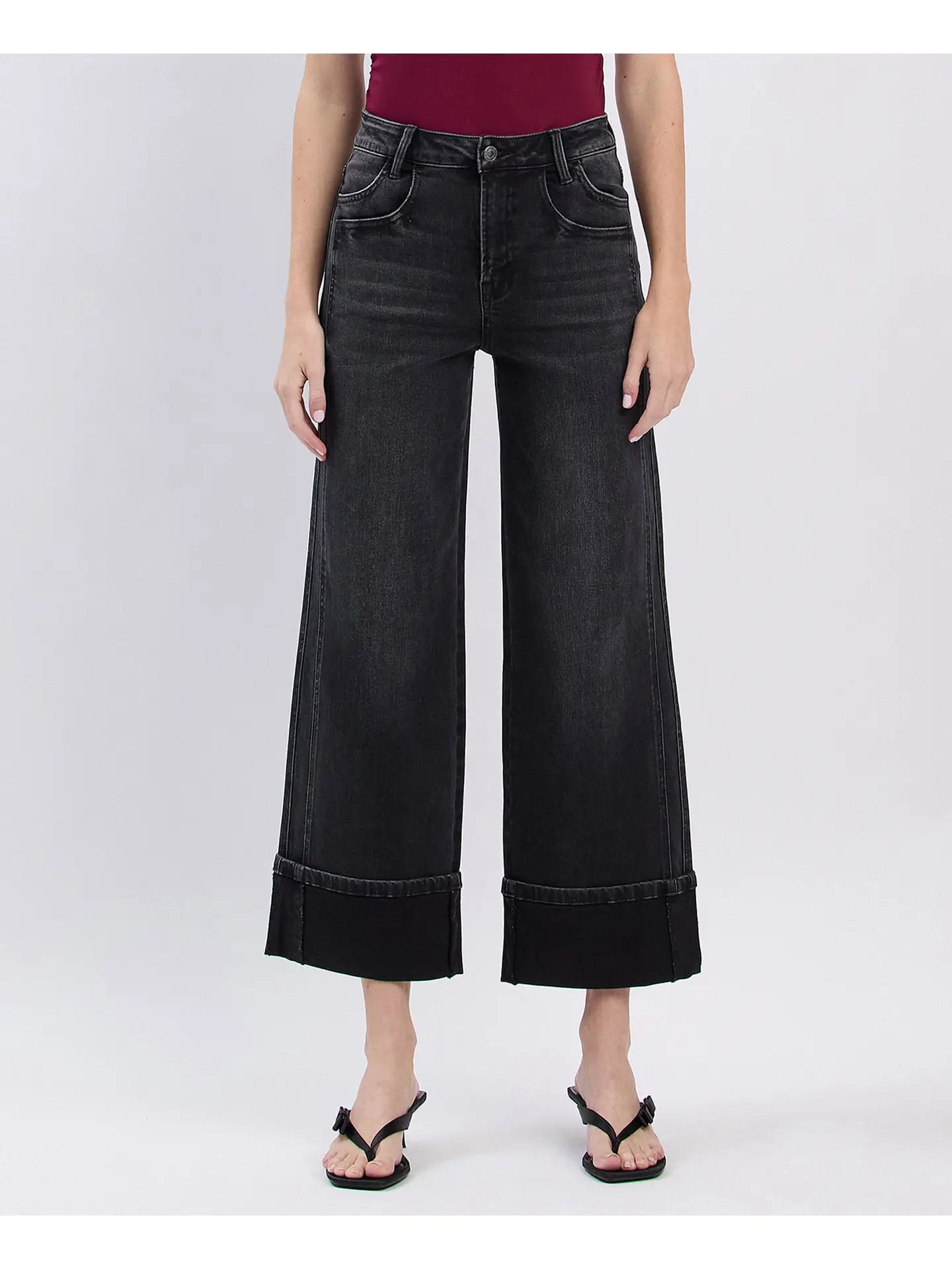 Black Super High Rise Cuffed Baggy Wide Jeans