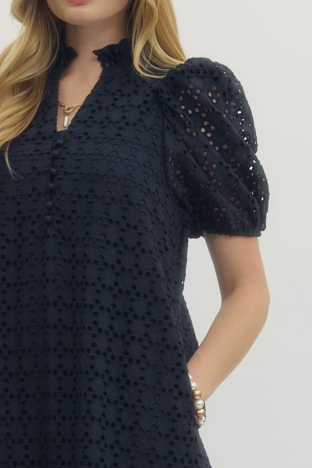Navy eyelet short sleeve midi dress