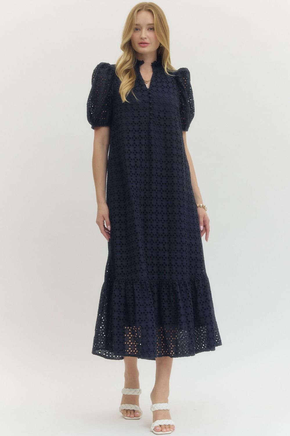 Navy eyelet short sleeve midi dress