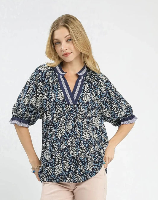 Navy Spring Burst Print V-Neck Top