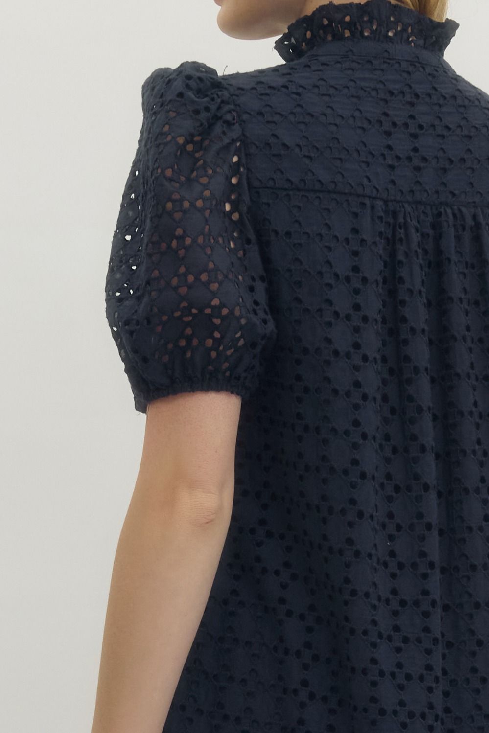 Navy eyelet short sleeve midi dress