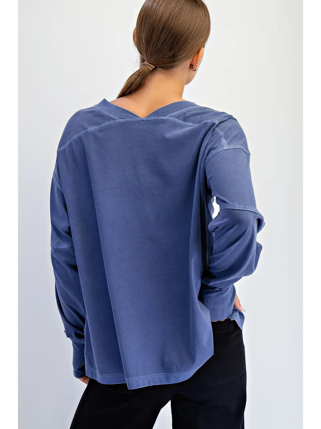 Navy Pigment Washed Cotton V-Neck Top