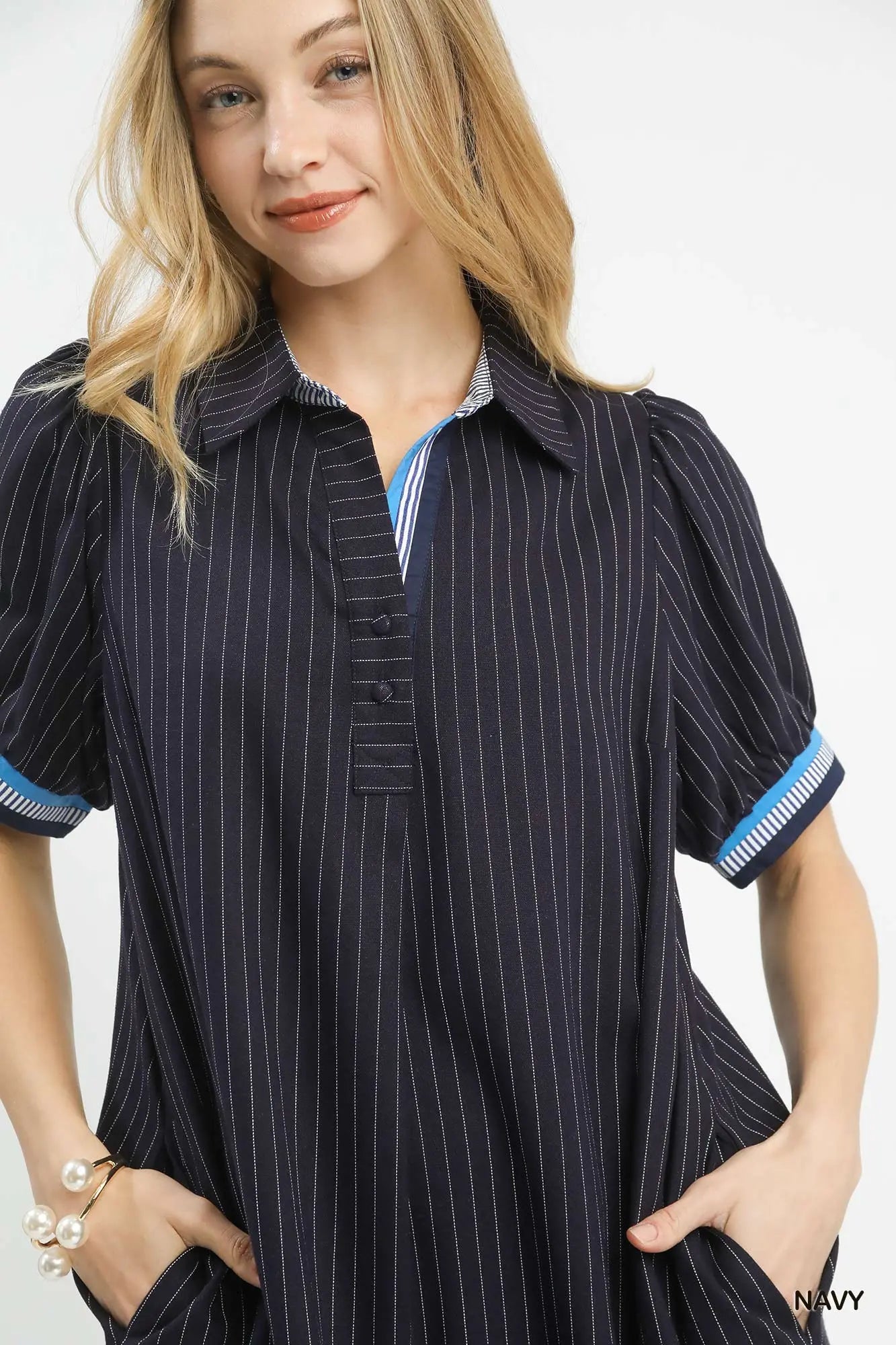 Navy linen striped polo dress