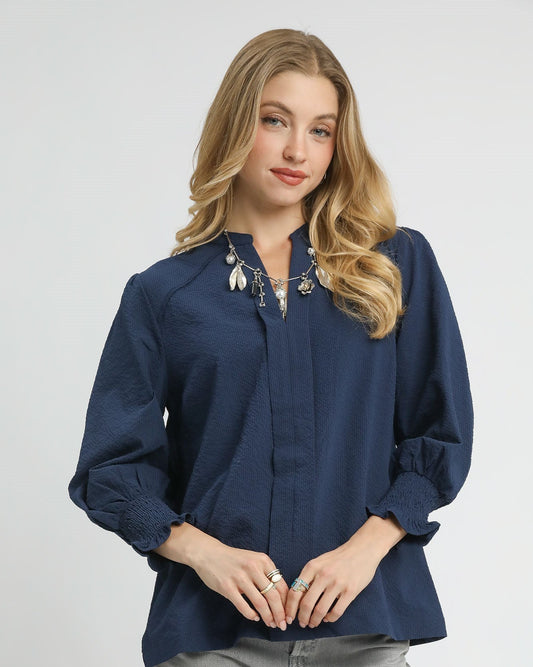 Navy textured woven top