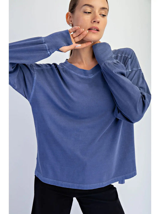 Navy Pigment Washed Cotton V-Neck Top