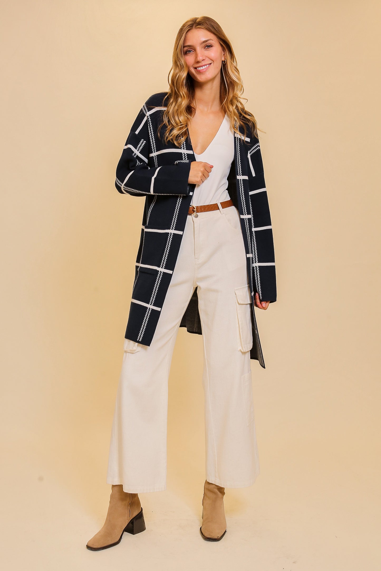 Navy and White Open Front Cardigan