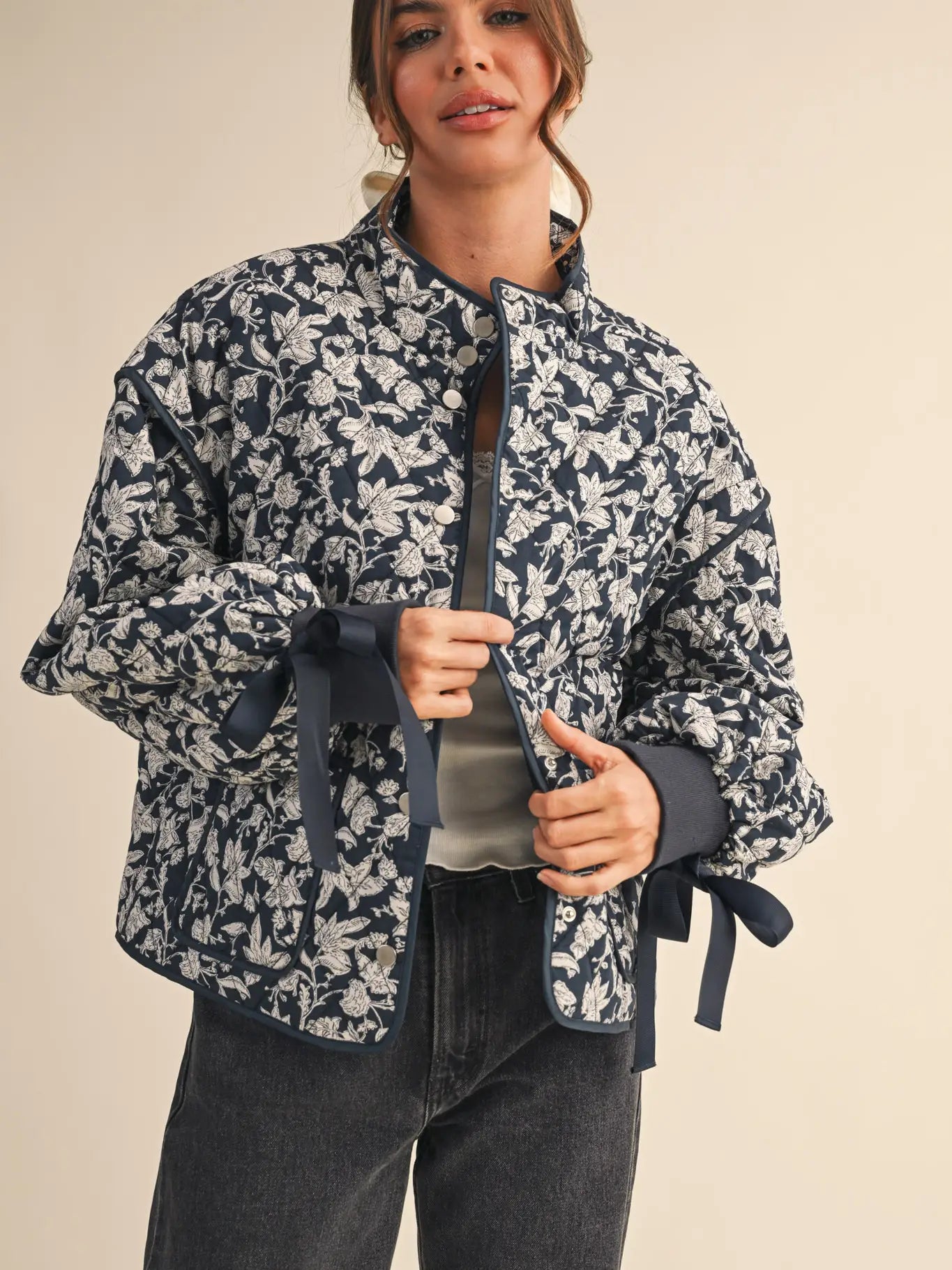 Navy Blue Floral Quilted Jacket