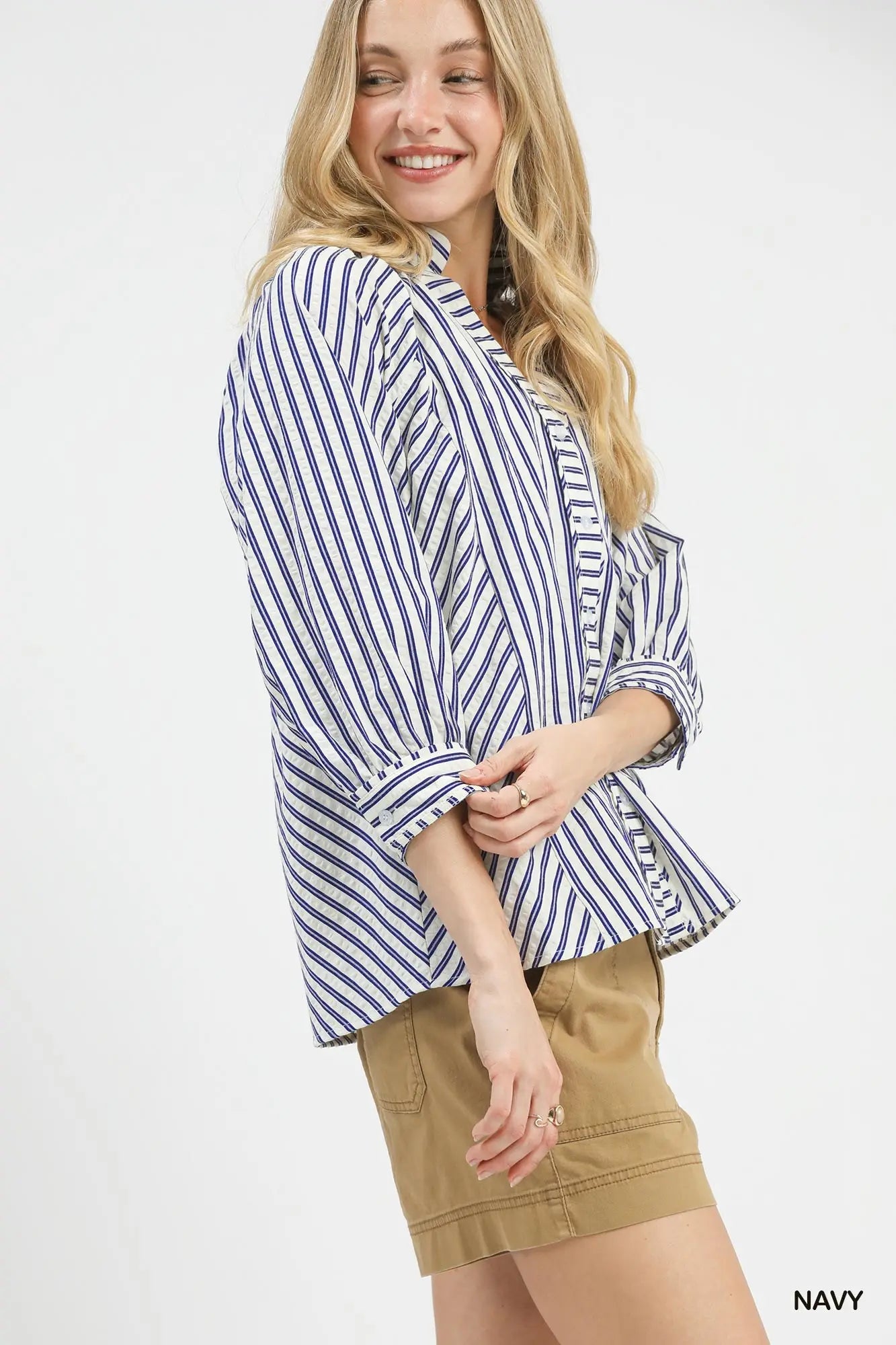 Navy Striped V Neck button down top