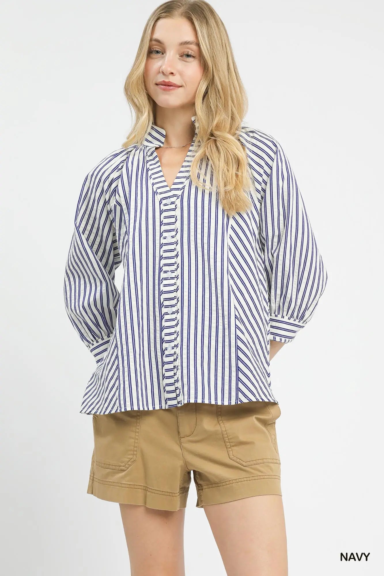 Navy Striped V Neck button down top