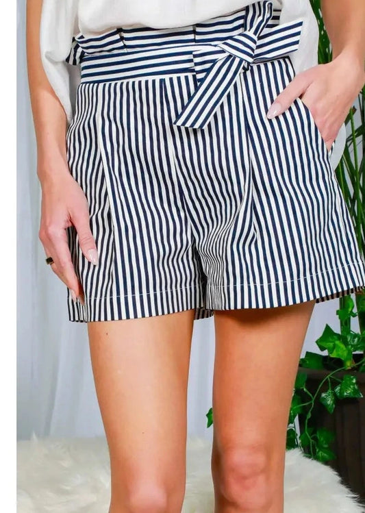 Navy Tie Waist Pocket Detail Cotton Strip Printed Shorts