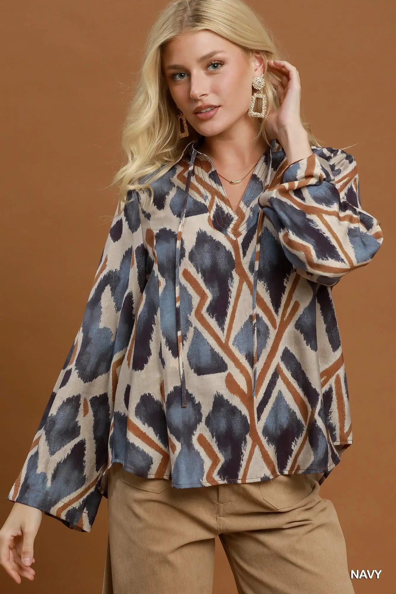 Navy Abstract Ikat Print Tie-Neck Blouse
