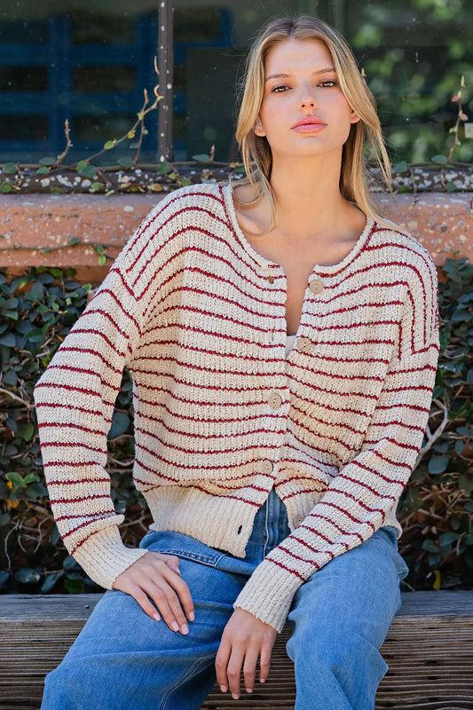 Oatmeal Striped Textured Knit Cardigan ✨