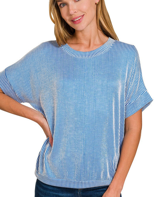 Ocean Blue and White Corded Short Sleeve Top