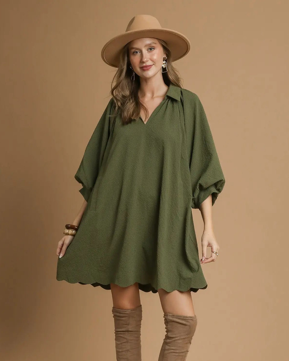 Olive Split V-Neck Dress with Puff Sleeves
