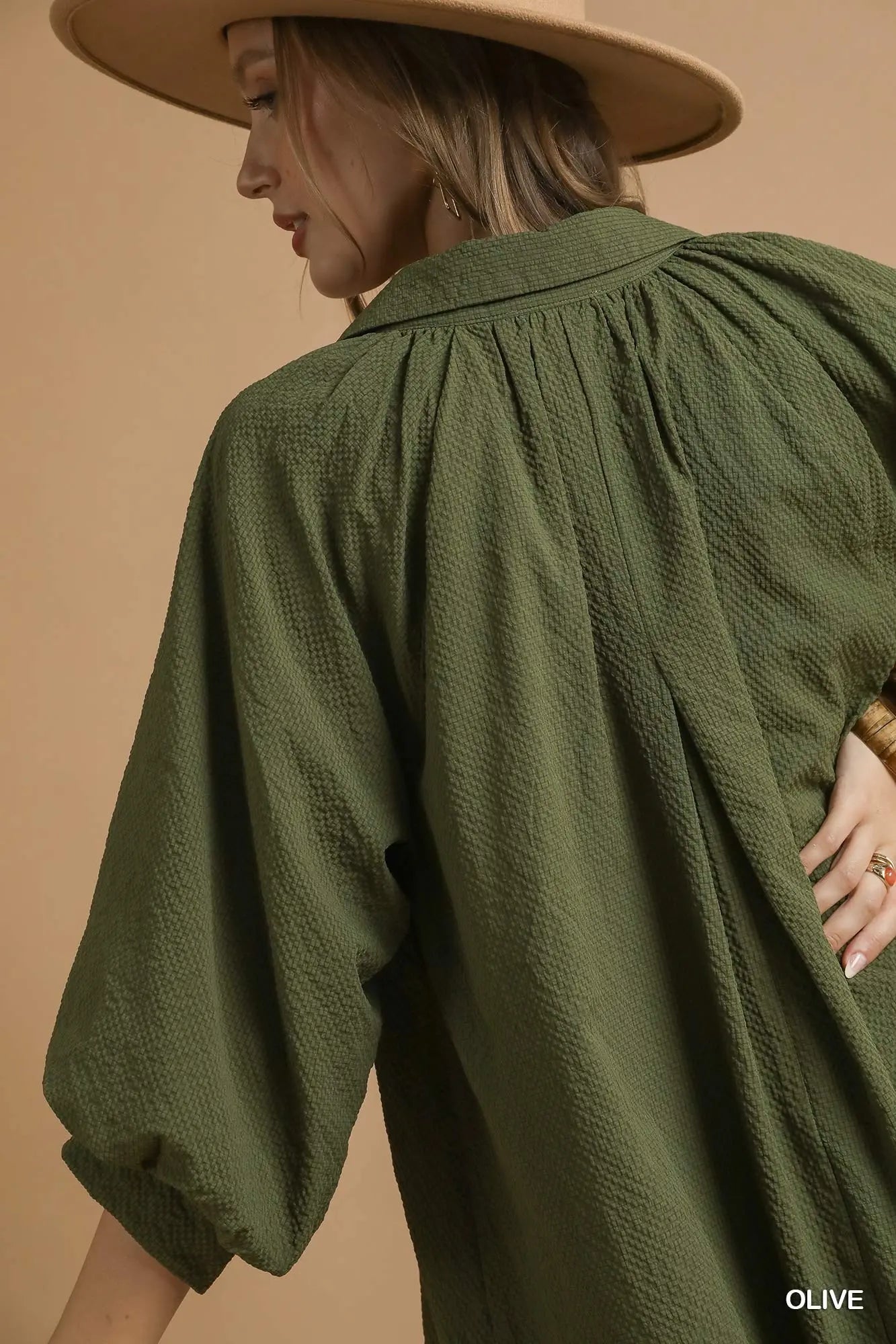Olive Split V-Neck Dress with Puff Sleeves