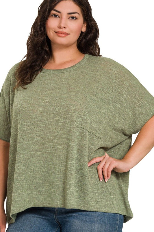 Olive oversized hacci top with pocket - Plus