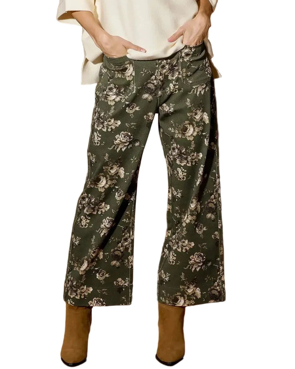 Olive Floral Print Wide Leg Cropped Pants