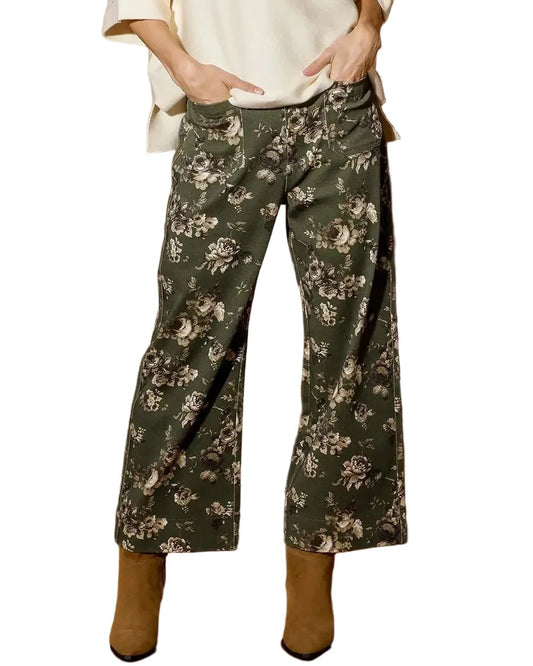 Olive Floral Print Wide Leg Cropped Pants